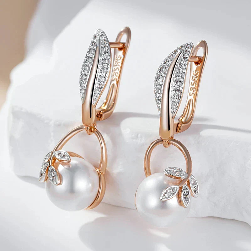 Luxury Pearl Women's Long Drop Earrings 585 Rose Gold Silver Color Ethnic Wedding Party Fine Zircon Jewelry Accessories