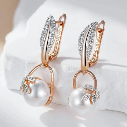 Luxury Pearl Women's Long Drop Earrings 585 Rose Gold Silver Color Ethnic Wedding Party Fine Zircon Jewelry Accessories