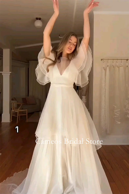 Fashion Korea Tiered Sleeves Organza Wedding Dresses V-Neck Floor Length Photo Shoot Corset Customized Bridal Gown