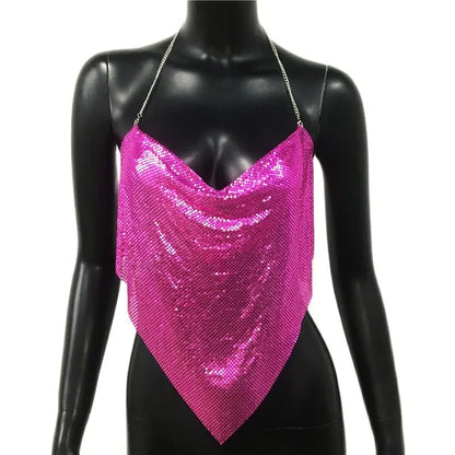 Women Solid Sequined Metal Camis Top 2025 Sexy Halter Backless V Strappy Party Nightclub Vest Cropped Tops