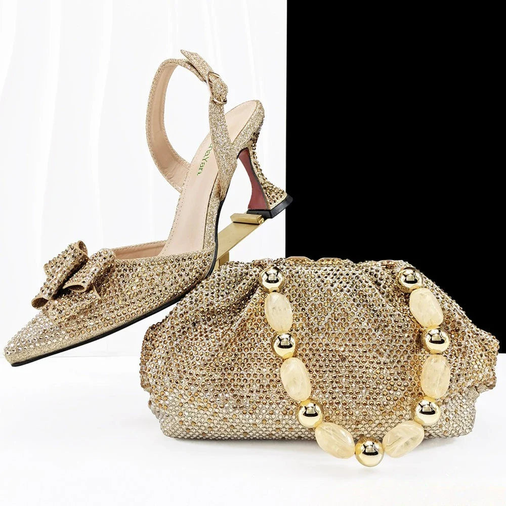 Fashion Newest Full of Rhinestone Design Olive Color Lady Sheos and  Metal bead-embellished handbag Set for Parrt Wedding