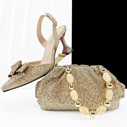 Fashion Newest Full of Rhinestone Design Olive Color Lady Sheos and  Metal bead-embellished handbag Set for Parrt Wedding