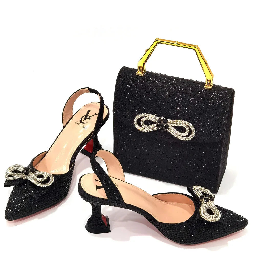 Rhinestone Bow Side Empty Party High Heels Pointed Toe Stiletto Heels Silver Women's Shoes And Bags