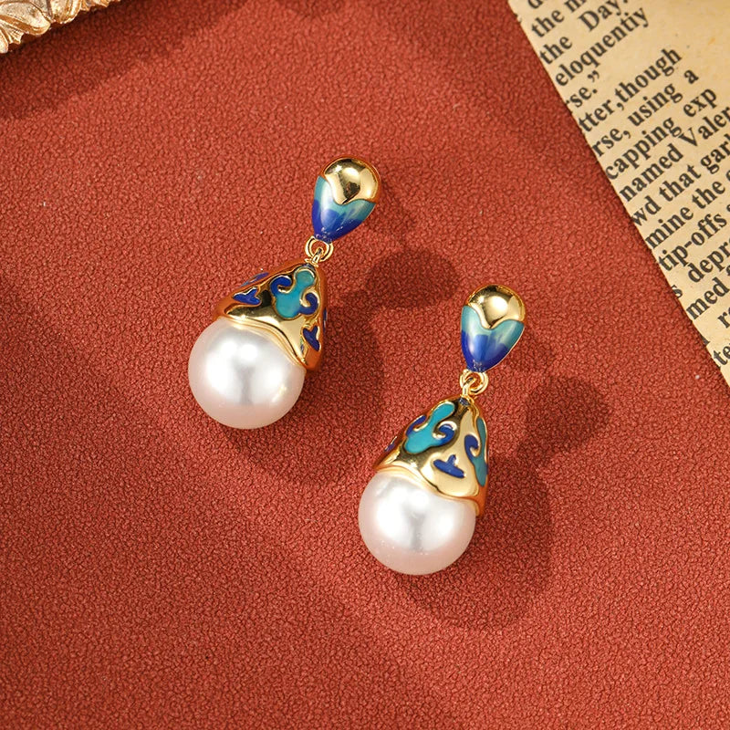 Jewelry Spring New Grid Enamel Earrings Simulated Pearl Dropping Oil Retro Style Earrings Women's Party Festival Gift