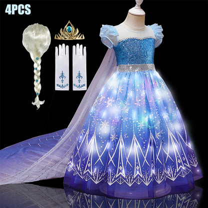 Fantasia Infantil Cosplay Elsa com LED Meninas Aniversário Festa Role Playing Vestido de Princesa com Capa Fantasia de Carnaval Halloween
