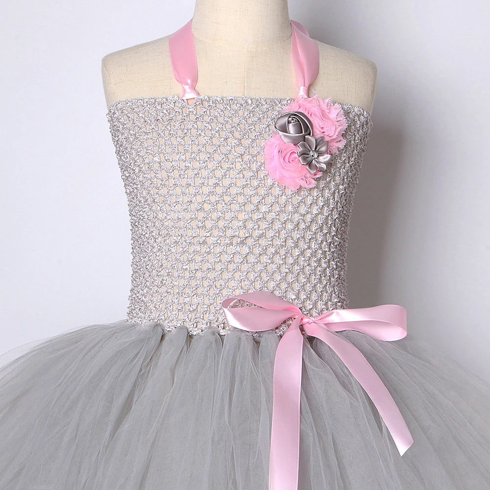 Pink Gray Mouse Tutu Dress for Baby Girls Grey Rat Costumes with Ears Bow Tie Tail Kids Animal Carnival Outfit Birthday Clothes