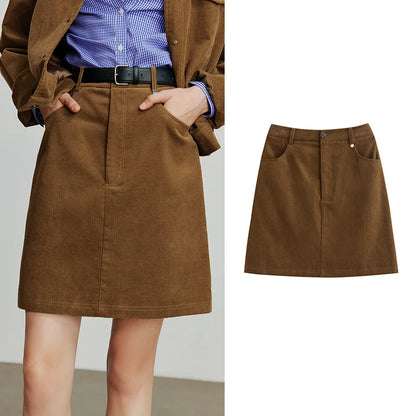 Women Midi Skirt 2025 Autumn New Retro Corduroy Elastic Waist Pure Cotton A Line Mini Skirt