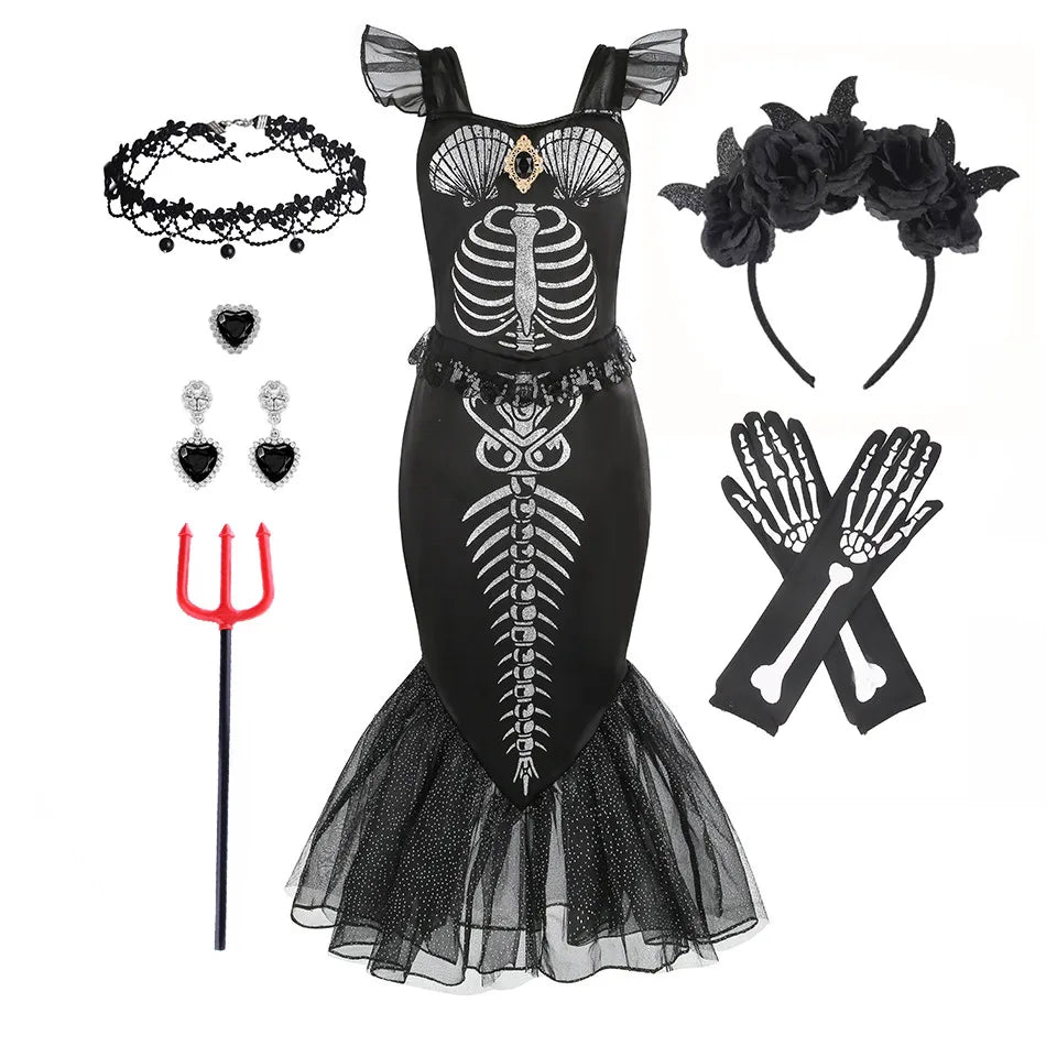 Fantasia de Esqueleto de Sereia Horripilante para Meninas Pequenas Halloween Princesa Gótica Vestido Trompete Ariel Negra Sereia Cosplay Vestido Roupa