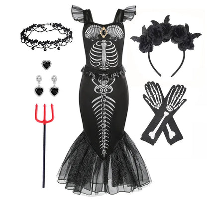 Fantasia de Esqueleto de Sereia Horripilante para Meninas Pequenas Halloween Princesa Gótica Vestido Trompete Ariel Negra Sereia Cosplay Vestido Roupa