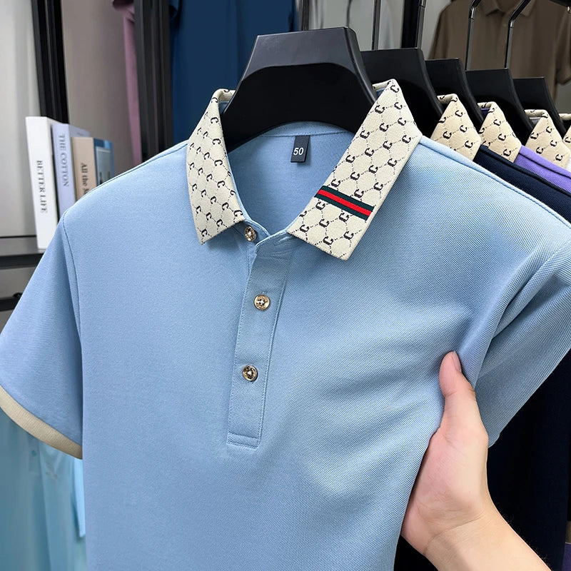 Fashion brand letter jacquard short sleeve high-end men's polo shirt comfortable and breathable summer new casual lapel T-shirt