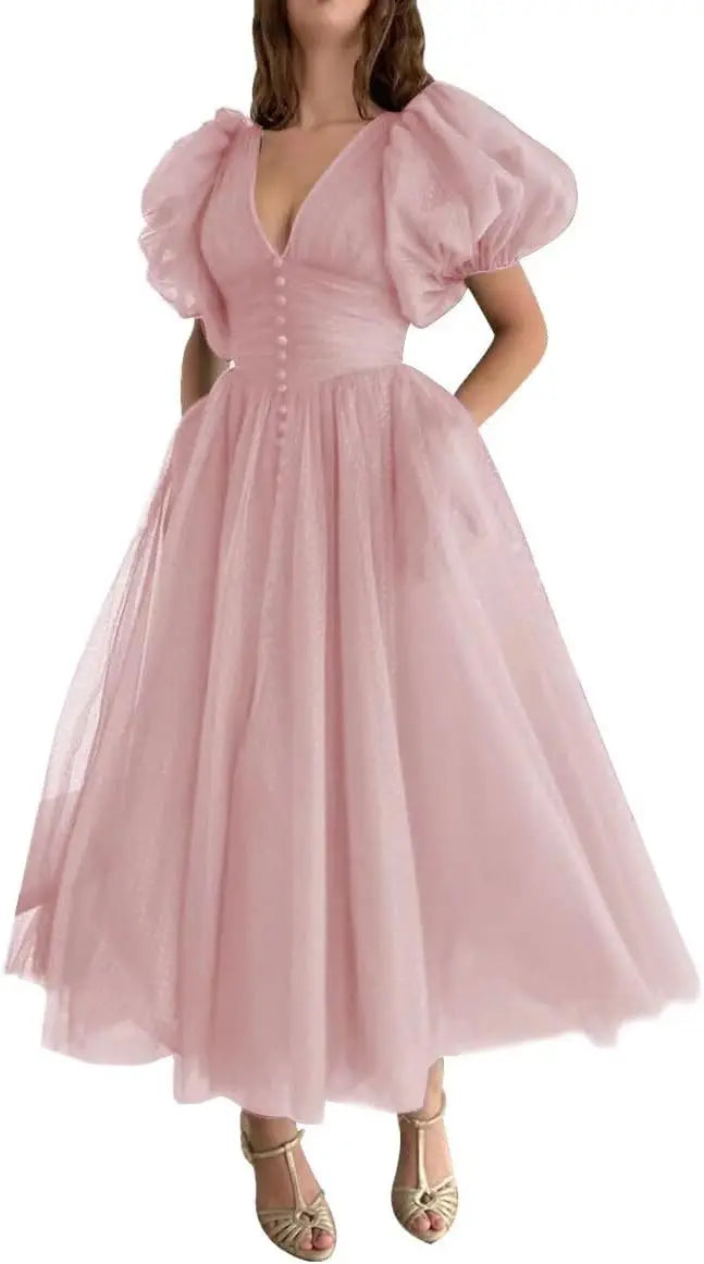 Puffy Sleeve Prom Dresses for Women Dotted Tulle V Neck Formal Evening Party Gowns Tea Length Formal Dress Women Elegant
