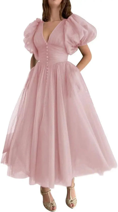 Puffy Sleeve Prom Dresses for Women Dotted Tulle V Neck Formal Evening Party Gowns Tea Length Formal Dress Women Elegant