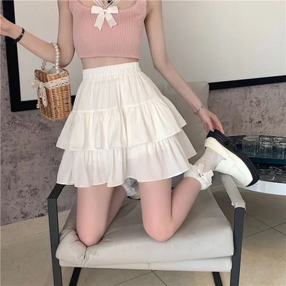 Girls White Puffy A-Line Mini Skirt Spring Summer Fresh Sweet Style Polyester Fabric Short Half-Length Baked Cake Skirt
