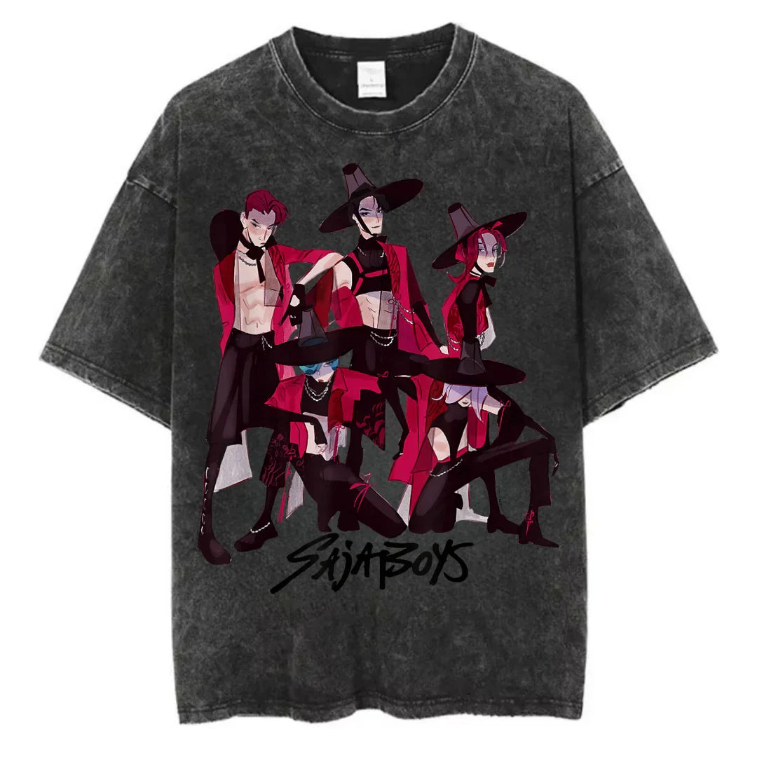 Washed Kpop Anime Demon Hunter Huntrix Girls T Shirt Kawaii Cute Fashion Unisex T-shirts Oversized Cotton Casual Vintage T-Shirt