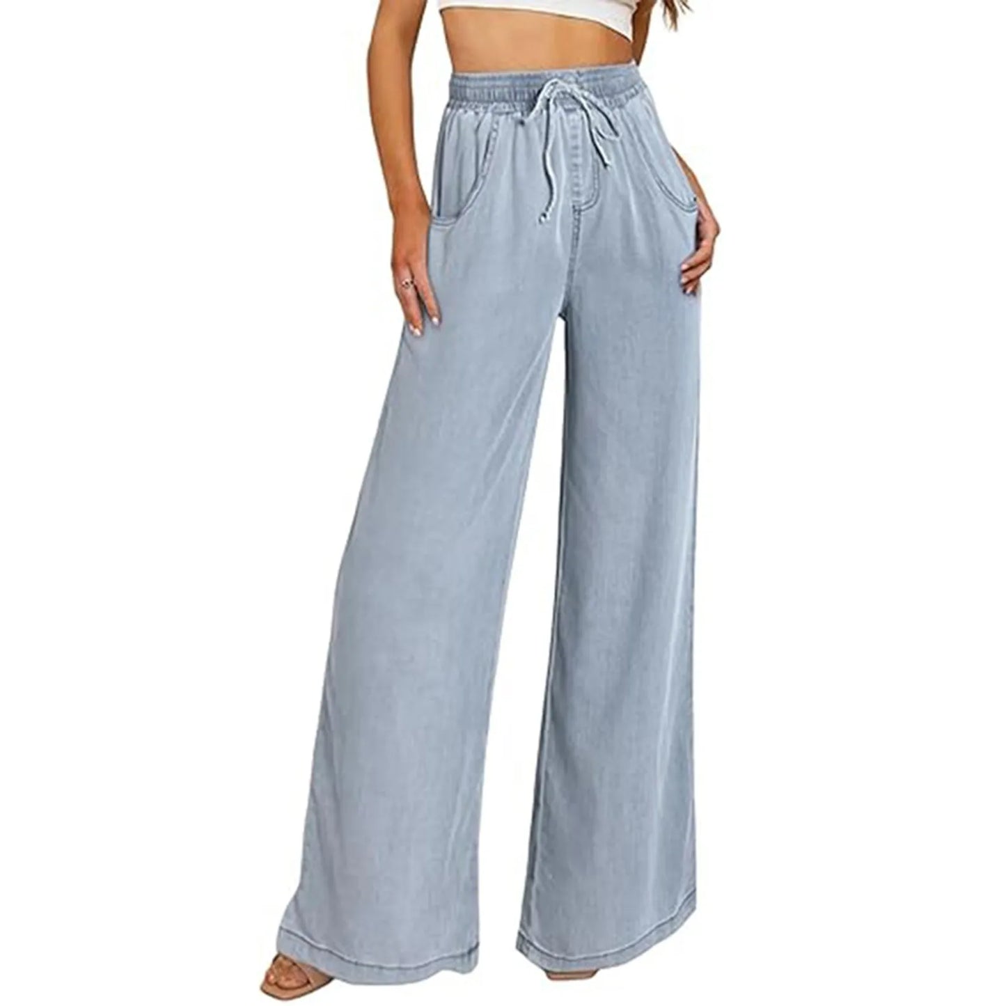 Women summer loose straight jeans drawstring pocket Sweatpants