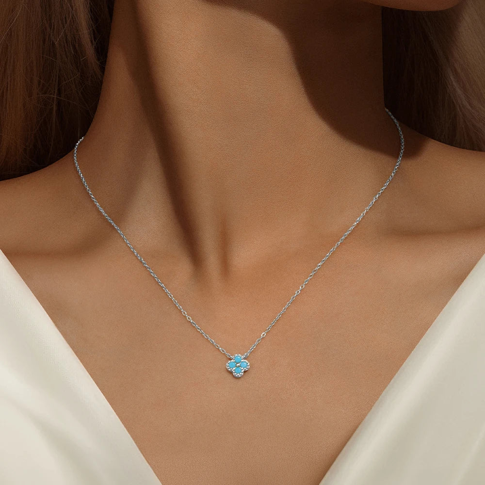 100% 925 Sterling Silver Turquoise Crystal Petal Patter Pendant Necklaces For Women Delicate Wedding Jewelry Collar Mujer