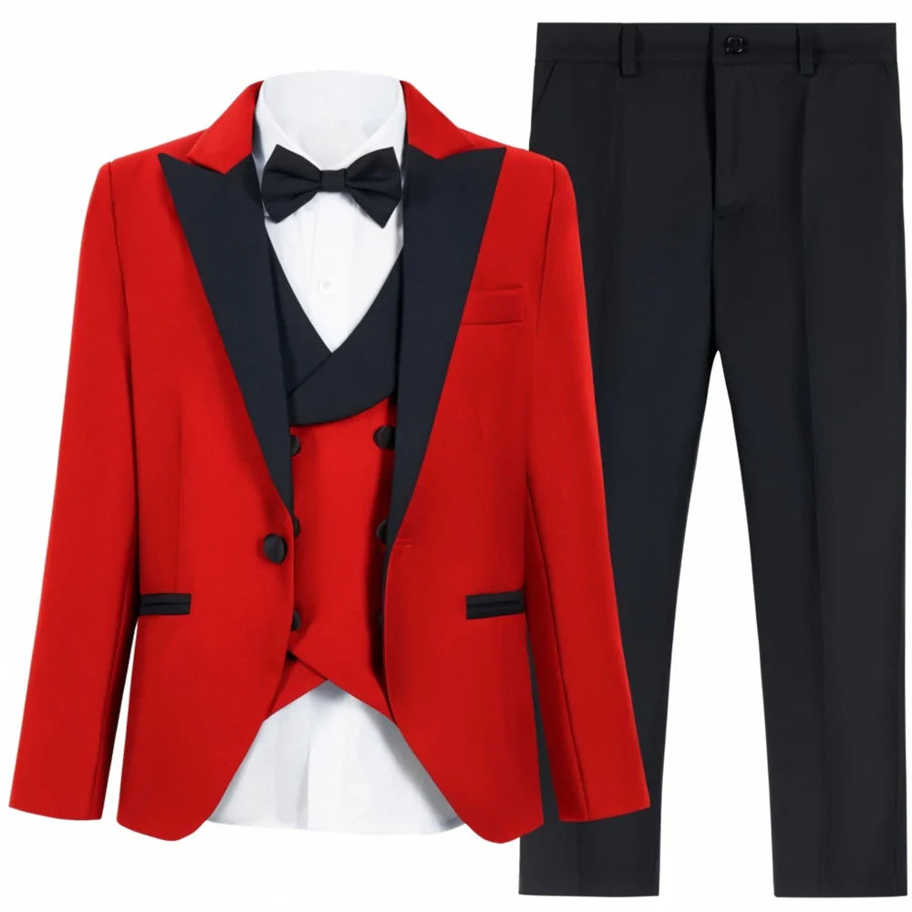 Brand Suit Set for Boys 3-14 Yrs, Classic Black Collar Suit Jacket Vest Pants Bowtie Set, Communion Party Suits Toddler