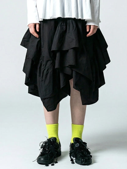 Black midi skirt for women imakokoni 2026 Spring Forest style high waist irregular ruffle edge mid length skirt 265401