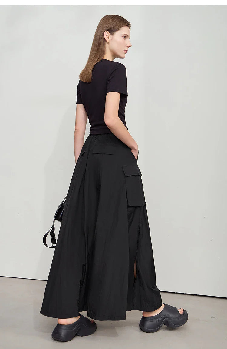 Vacation Long Skirt 2025 Summer Women Loose Sun Protection Office Lady Solid Pockets Elastic Waist Cord Slit Skirt 12542106
