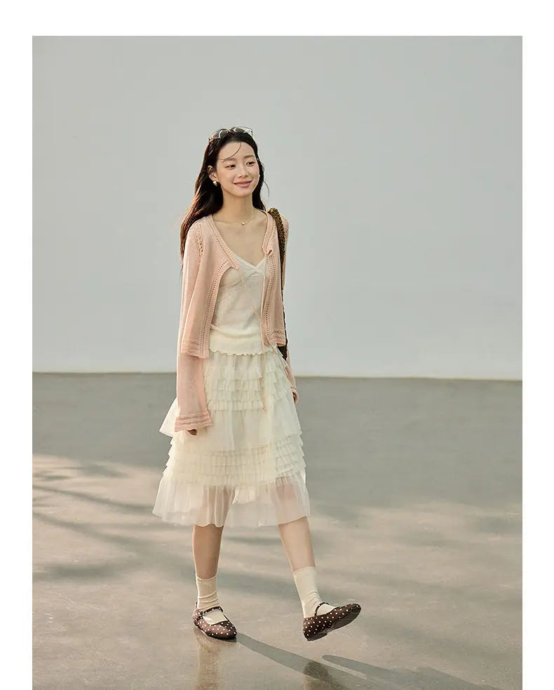 Korean Style Lace Elastic Waist Cake Skirt Mesh Puffy Skirt Women's Dress Knee Length Casual A-Line Skirt Micro Stretch No Slit