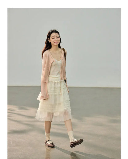 Korean Style Lace Elastic Waist Cake Skirt Mesh Puffy Skirt Women's Dress Knee Length Casual A-Line Skirt Micro Stretch No Slit