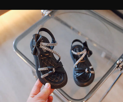 Children Princess Shoes Baby Girls Flat Bling Leather Sandals Fashion Sequin Soft Kids Dance Party Sparkly Shoes Crystal F05214