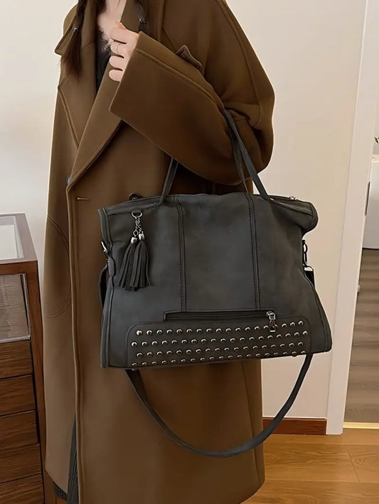 Vintage Designer Luxury Women Tote Bag Casual Lage Capacity Handbags Fashion Rivet Tassel PU Leather Female Shoulder Bag