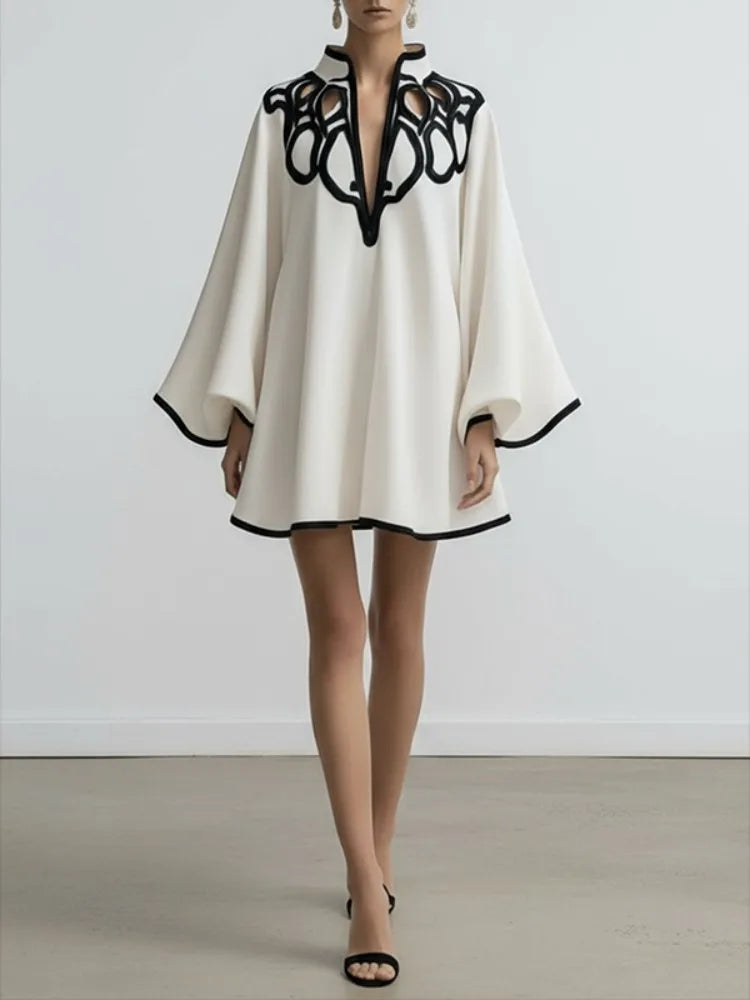 Hollowed V-neck Mini Dress for Women Flared Sleeves A-line Pleated Dress 2025 Stylish Contrast Trims Elegant Party Dress