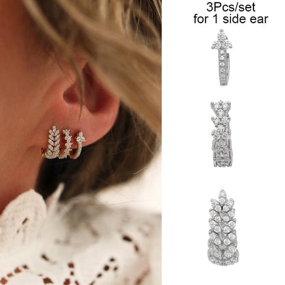 3PCs/set Earrings for 1 Ear Women gold color zirconia Classic Piercing Designer Earring set 2024 Women Jewelry Wholesale