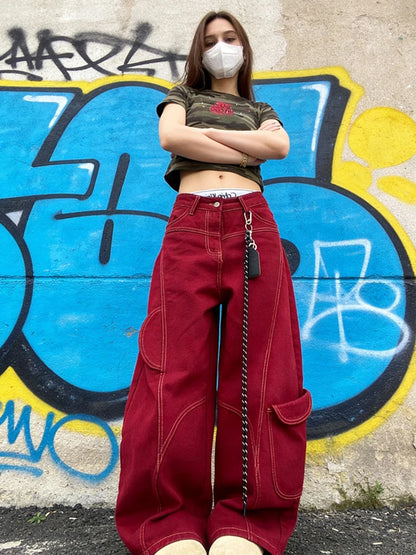 Street Vintage Jeans New Y2K Harajuku Wash Red Streetwear Baggy Jeans Denim Pants Mens Womens High Waist Wide Trousers 2025