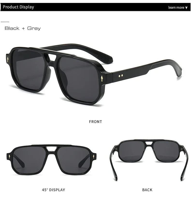 Vintage Double Bridges Men Square Sunglasses Fashion Green Ocean Lens UV400 Eyewear Women Trending Rivets Sun Glasses