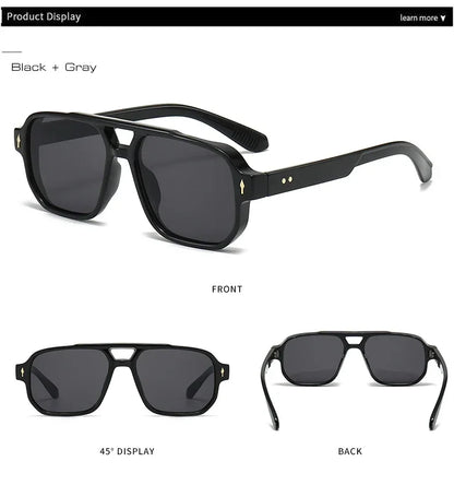 Vintage Double Bridges Men Square Sunglasses Fashion Green Ocean Lens UV400 Eyewear Women Trending Rivets Sun Glasses
