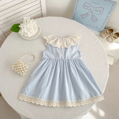 2026 Summer Girls New Korean Lace Collar 2-6Yrs Girl Dress Baby Girl Stylish Sleeveless Dress Girls Princess Korean Dress