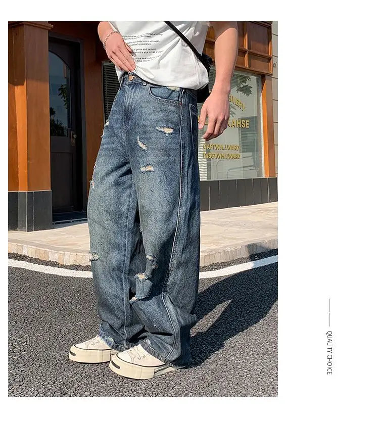 American-style distressed wide-leg jeans, loose-fitting washed and distressed straight-leg jeans, trendy brand.