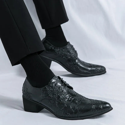 Men High Heeled Lace Up Derby Shoes PU Embossed Fashionable  Comfortable Business Formal Banquet Men Shoes