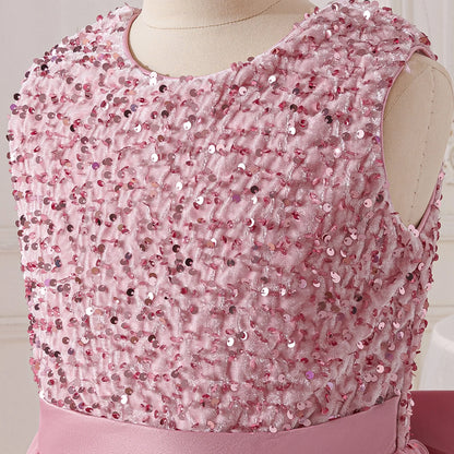 Vestidos de Festa de Daminha de Verão com Lantejoulas para Meninas Elegante Laço Vestido de Aniversário de Casamento para Meninas Baile de Formatura Gala Concurso Noite Roupa Infantil