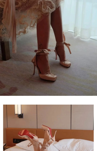 New style high heels with straps, satin toe cover, hollow square bow, thin heel, ballet style single shoes35-46