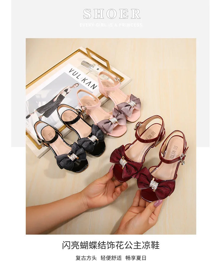 Girls Princess Sandals Summer Kids Low Heels Fashion Party Dress Beach Shoes Outdoor Causal Sandals Children Soft Sole with Bow