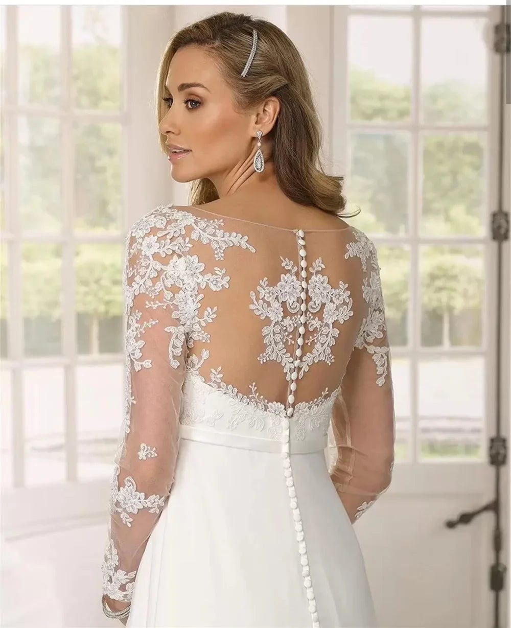 2023 Maternity Wedding Gowns For Pregnant Women Chiffon A-Line Beach Boho Bridal Dresses Illusion Long Sleeve Lace Appliquesed