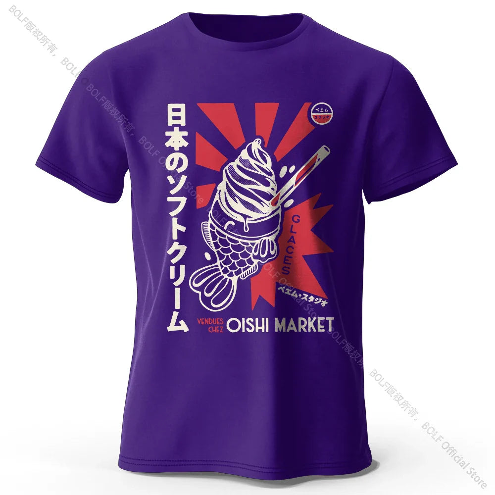 Japanese Foodie Print 100% Cotton T-Shirt, Soft & Breathable Round Neck Short Sleeve Tee, Unisex Cute & Cultural Style