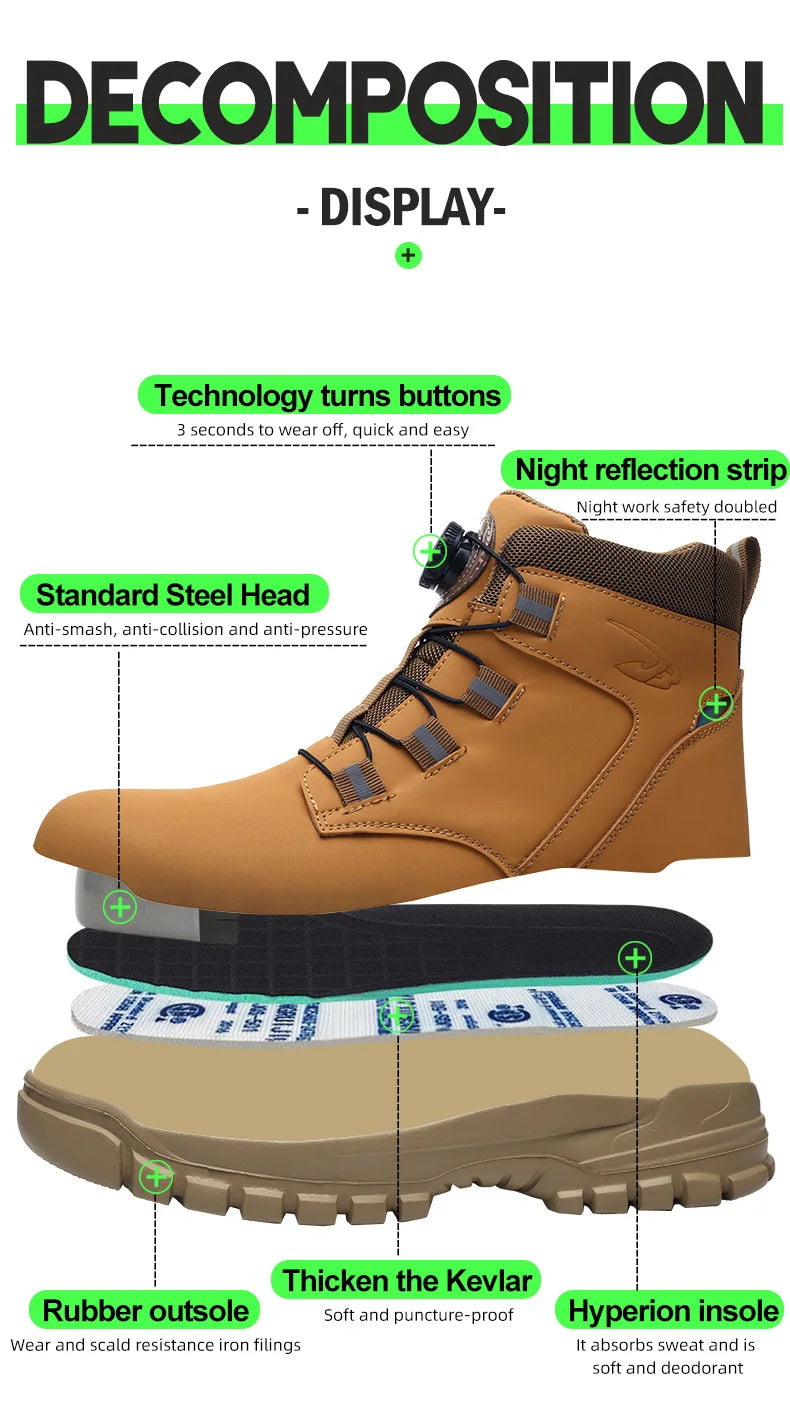 Leather Non Slip Work Boots for Men Rotating Button Safety Shoes Steel Toe Sneaker Male Puncture Proof Protective Boots
