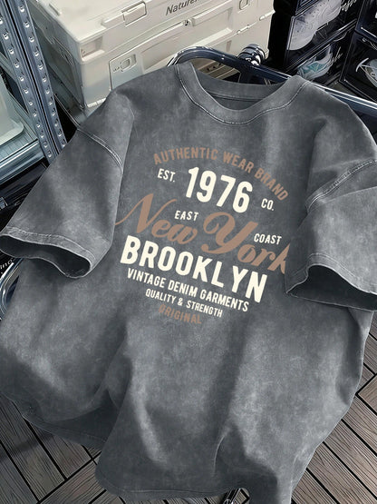 New York Brooklyn Est 1976 Washed Mens T-Shirt Cotton All-Match O-Neck T Shirts Retro Unisex Fashion Tee Loose Soft Short Sleeve