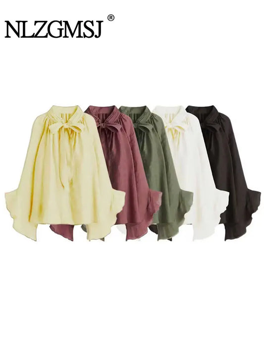Bow DecorationLoose Long Sleeved Blouses For Women New Fashion Ruffle Edge Shirts and Blouses Woman Top
