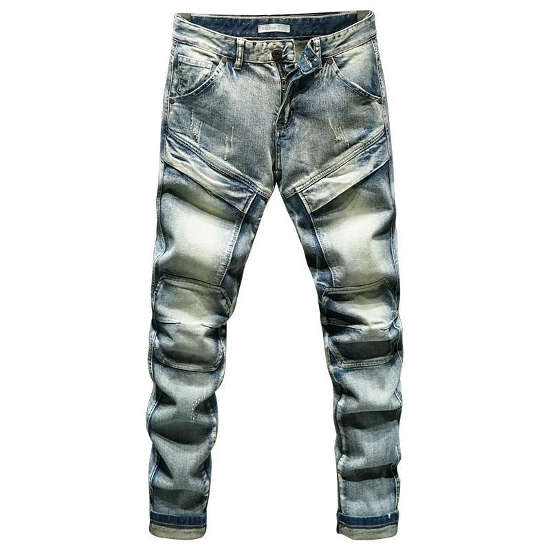 2024 Spring and Autumn New Fashion Trend Solid Color Retro Motorcycle Jeans Men's Casual Loose Comfortable Straight Leg Pants