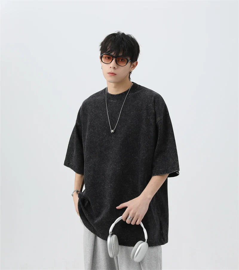 Japanese Korean Style Stir Fried Snowflake Washed T-Shirts Men Women Cotton Heavyweight Summer Hip Hop Streetwears Short Sleeved