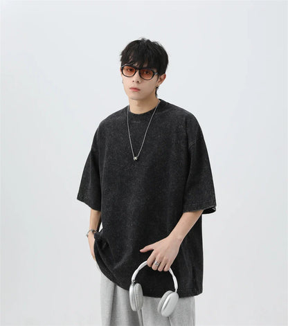 Japanese Korean Style Stir Fried Snowflake Washed T-Shirts Men Women Cotton Heavyweight Summer Hip Hop Streetwears Short Sleeved