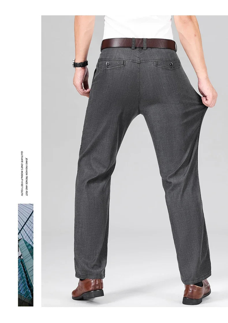 2026 New Men's Summer Jeans Thin Loose Stretch Large Size Ice Silk Straight Pants Elite Business Casual Pants Smoke Gray Blue