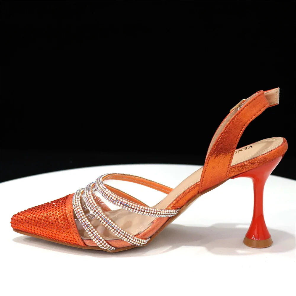 Newest INS Style Orange Color Elegant High Heels Nigeria Popular Design African Ladies Shoes And Bag Set