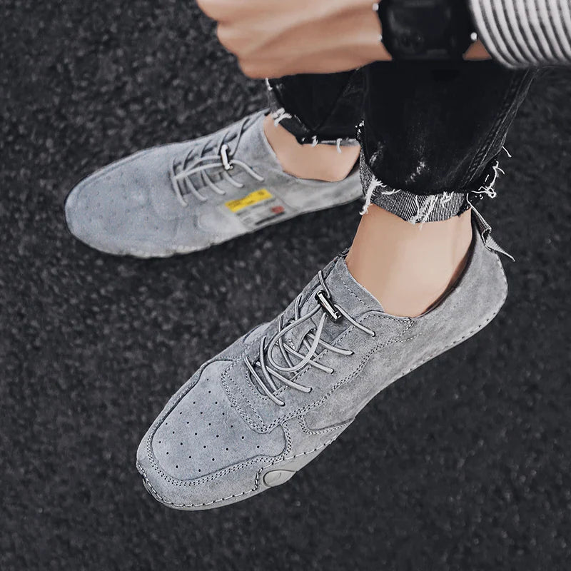 Men Lightweight Sneakers Non-slip Sole Stitch Genuine Solid Leather Shoes Outdoor Casual Walking Driving Flats Shoes