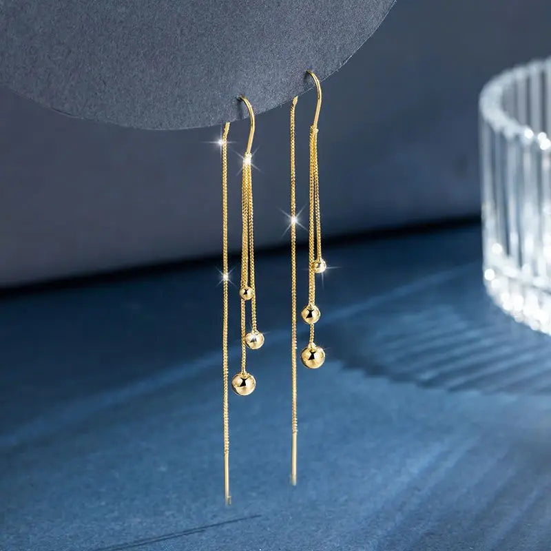 Charm Gold Color Stainless Steel Ball Long Drop Dangle Earrings for Women Exquisite Trendy Bride Ear Line Jewelry Gift Colorfast